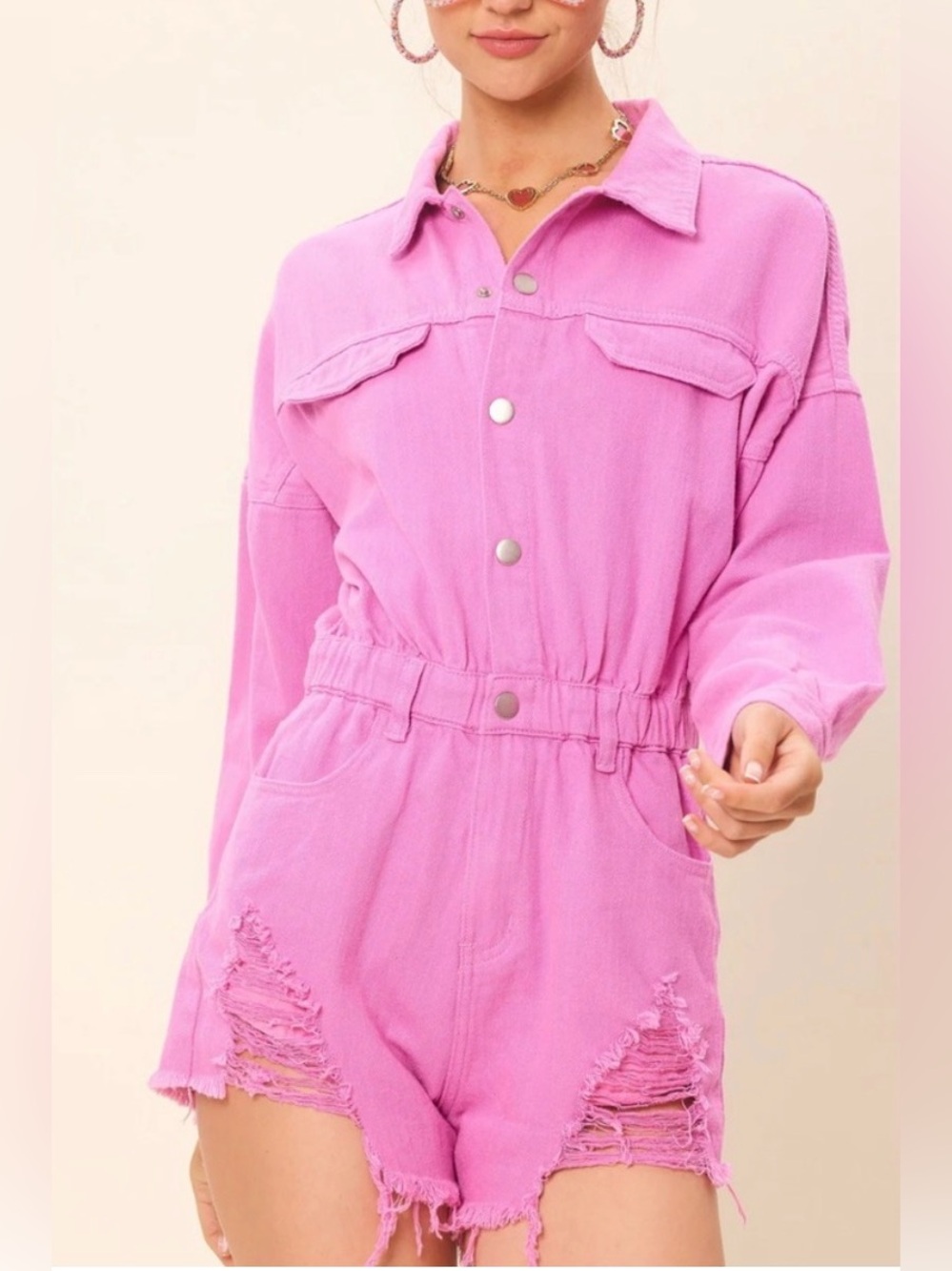 NWOT Idem Ditto Women’s Pink Distressed Button-Front Romper